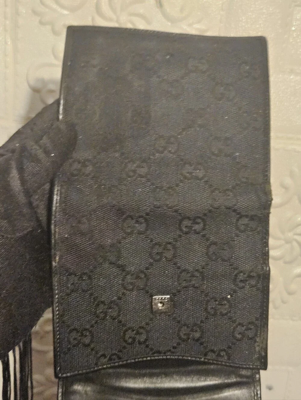 Gucci Black GG Canvas & Leather Compact Wallet Authentic With Coin Pocket